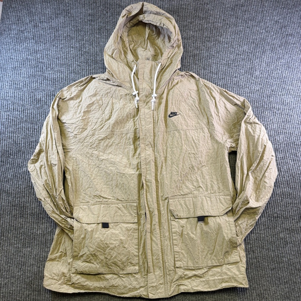 NIKE HOODED WINDBREAKER JACKET LARGE TAN POLYESTER RIPSTOP FULL ZIP MENS PARKA